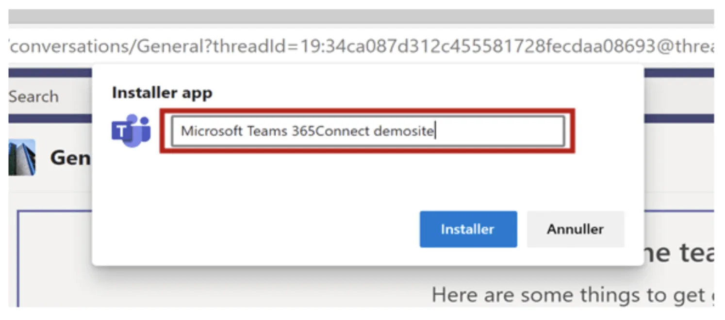Vælg installer app på dit teams websted 