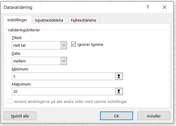  - Indstillinger i datavalidering