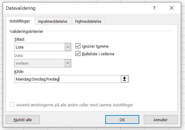 Valideringskritierier for ugedage