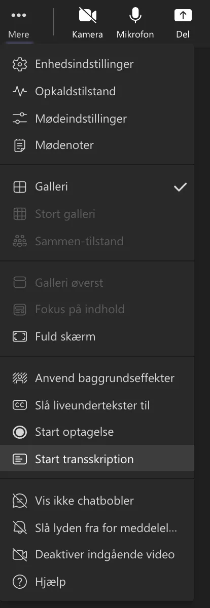 Transskribering af interview - funktions menu
