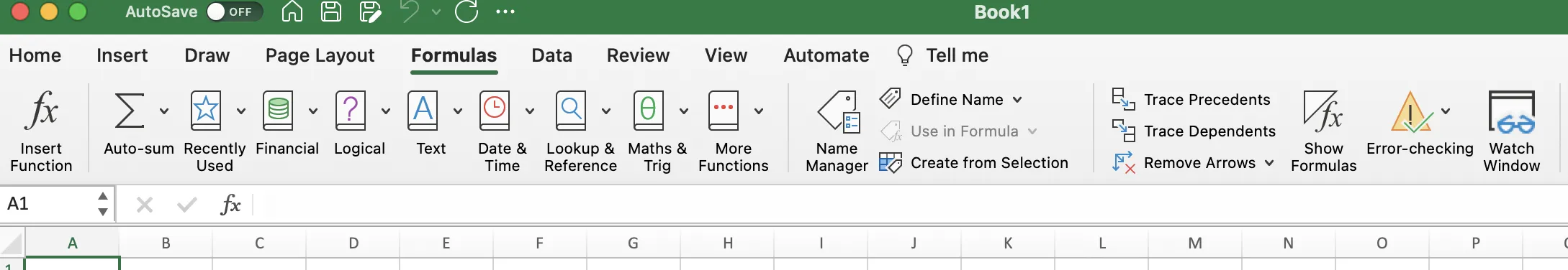 Guiden funktionen båndet i excel. Her vises menulinjen for formler i Excel.