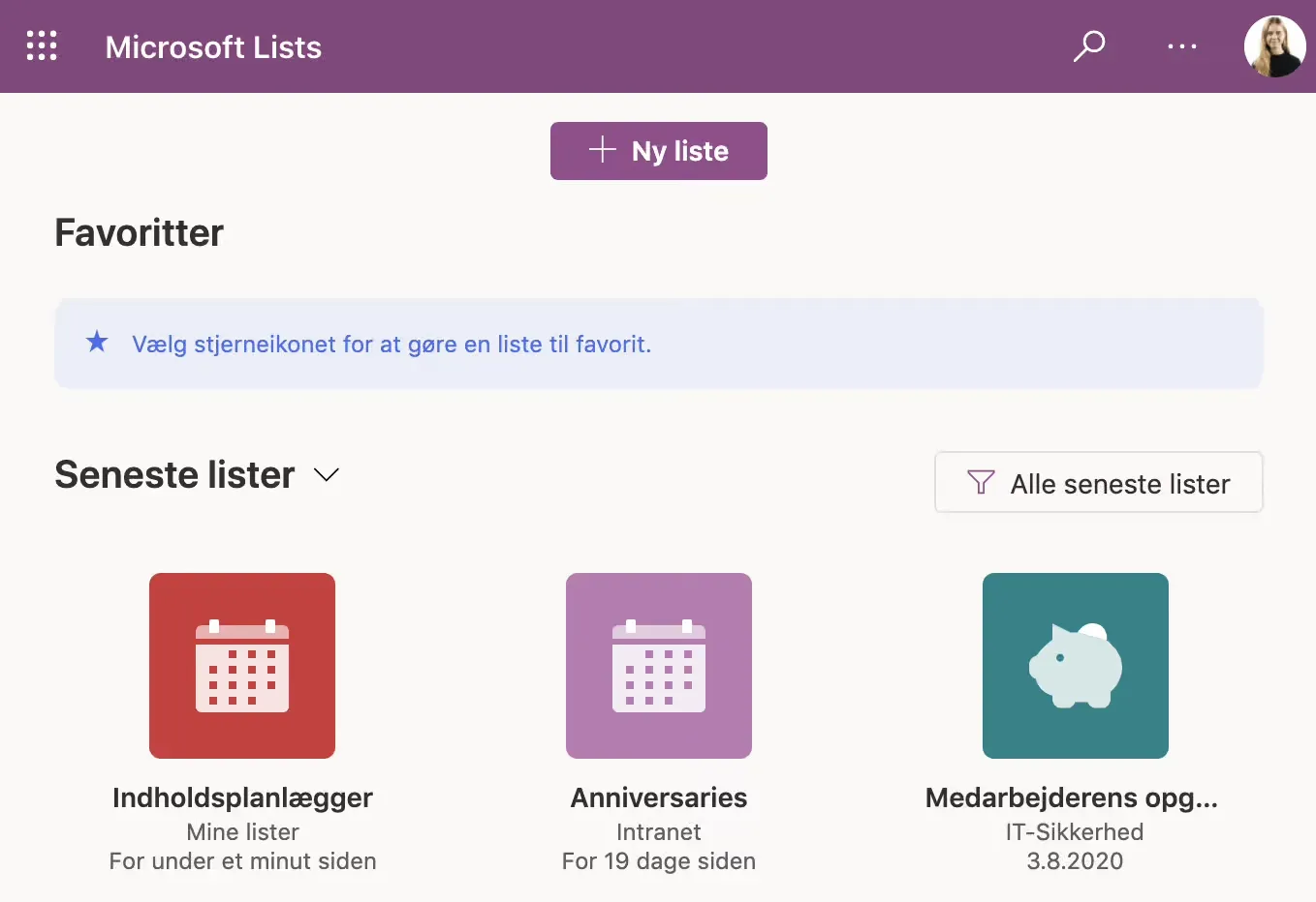 Sådan ser det ud når du åbner Microsoft Lists.