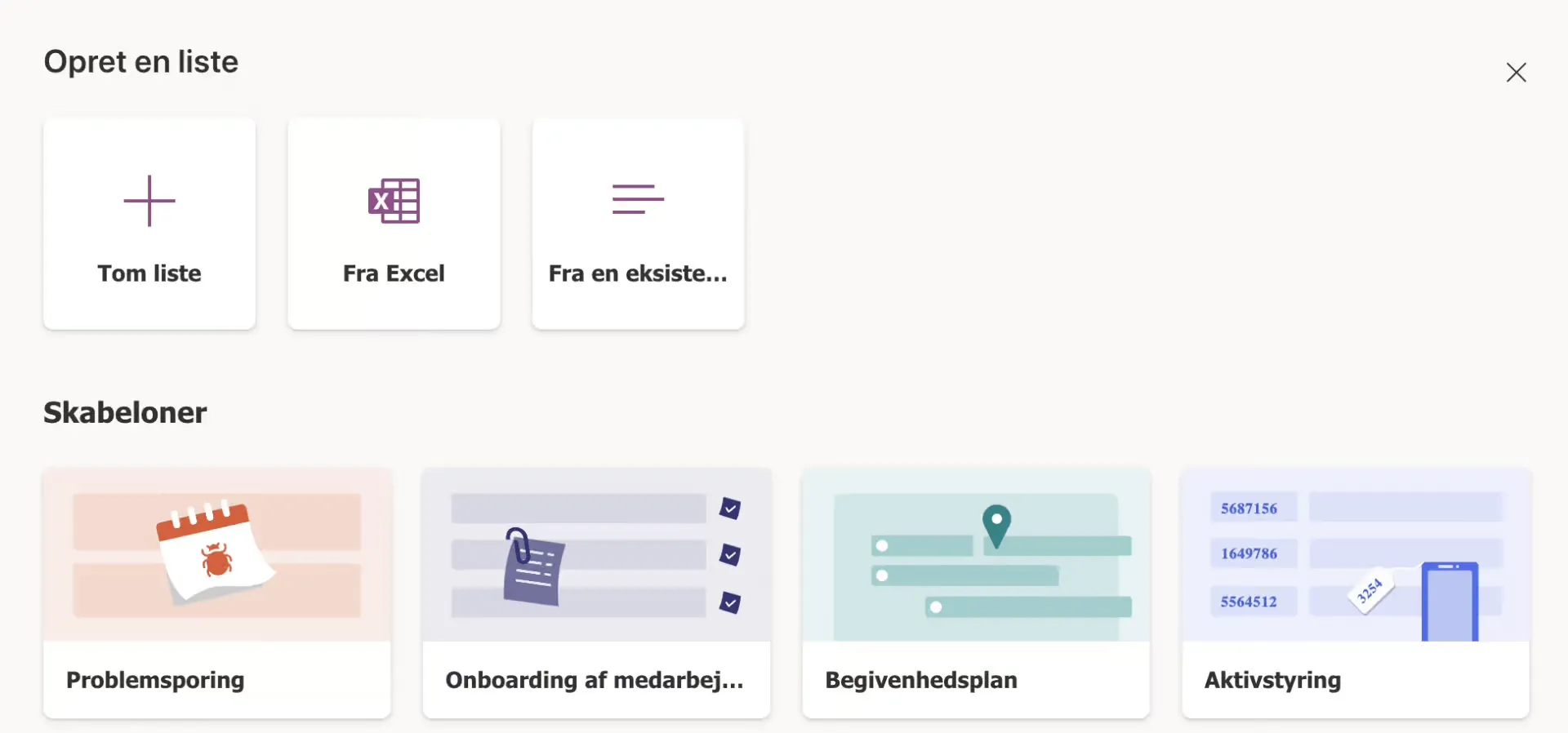 Vælg den liste som du gerne vil oprette. Du kan definere din egen eller bruge skabeloner som allerede er oprettet.