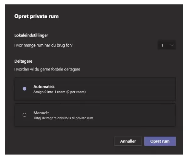 Dialogboks med indstillinger for de private rum.