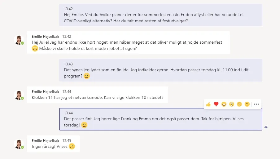 Chat samtale I Teams. Sådan ser det ud når man tager et screenshot af en samtale.