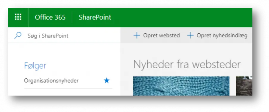 Screenshot af venstre hjørne af SharePoint, hvor man kan oprette en nyhed.