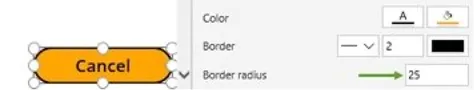 Lad os først se på formen på de to første knapper, som opnås ved at tilpasse ”BorderRadius” i ’Properties’ sektionen.