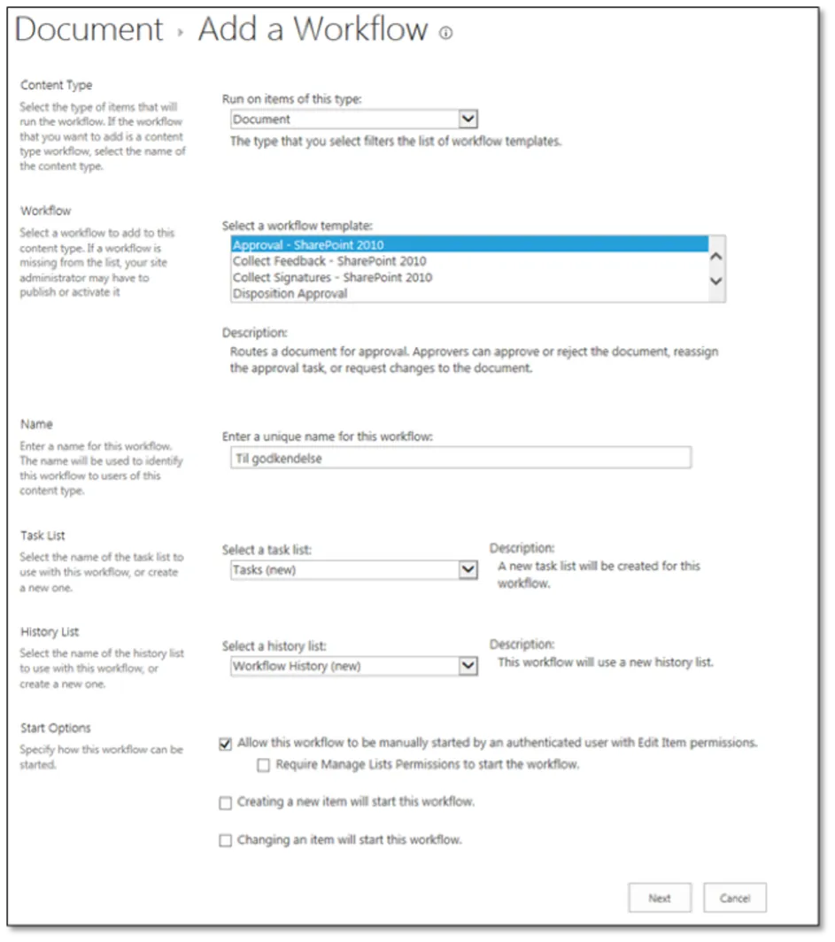Approval skabelonen i Workflow. 