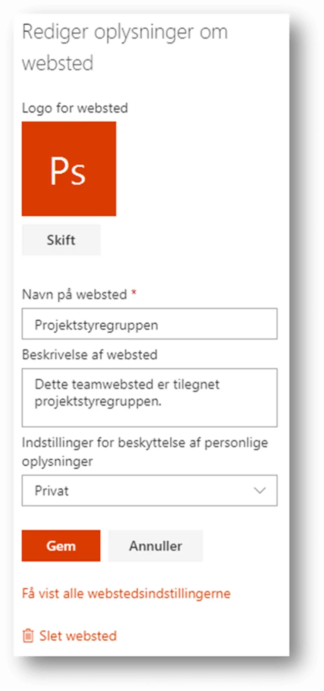 Klik på webstedsoplysninger. 