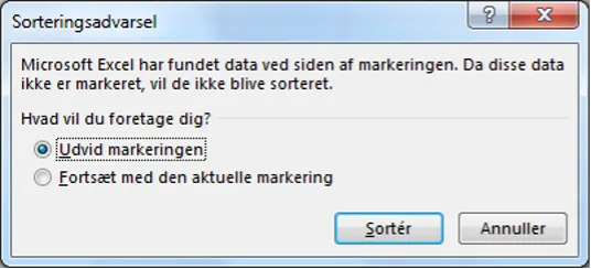 Sorteringadvarsel boks, der popper op.