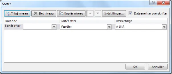 Sorterings boksen, der popper op, når man trykker på knappen. 