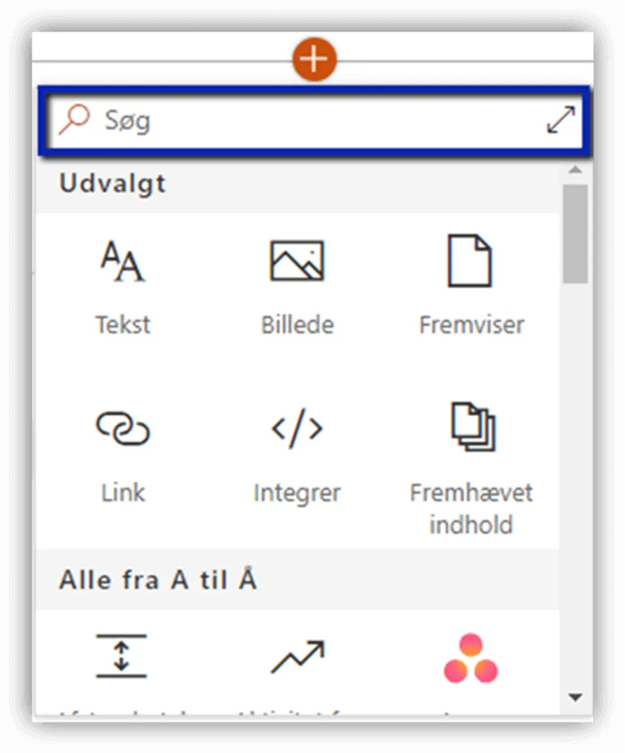Et overblik over de forskellige webdele der findes, som du kan indsætte. 