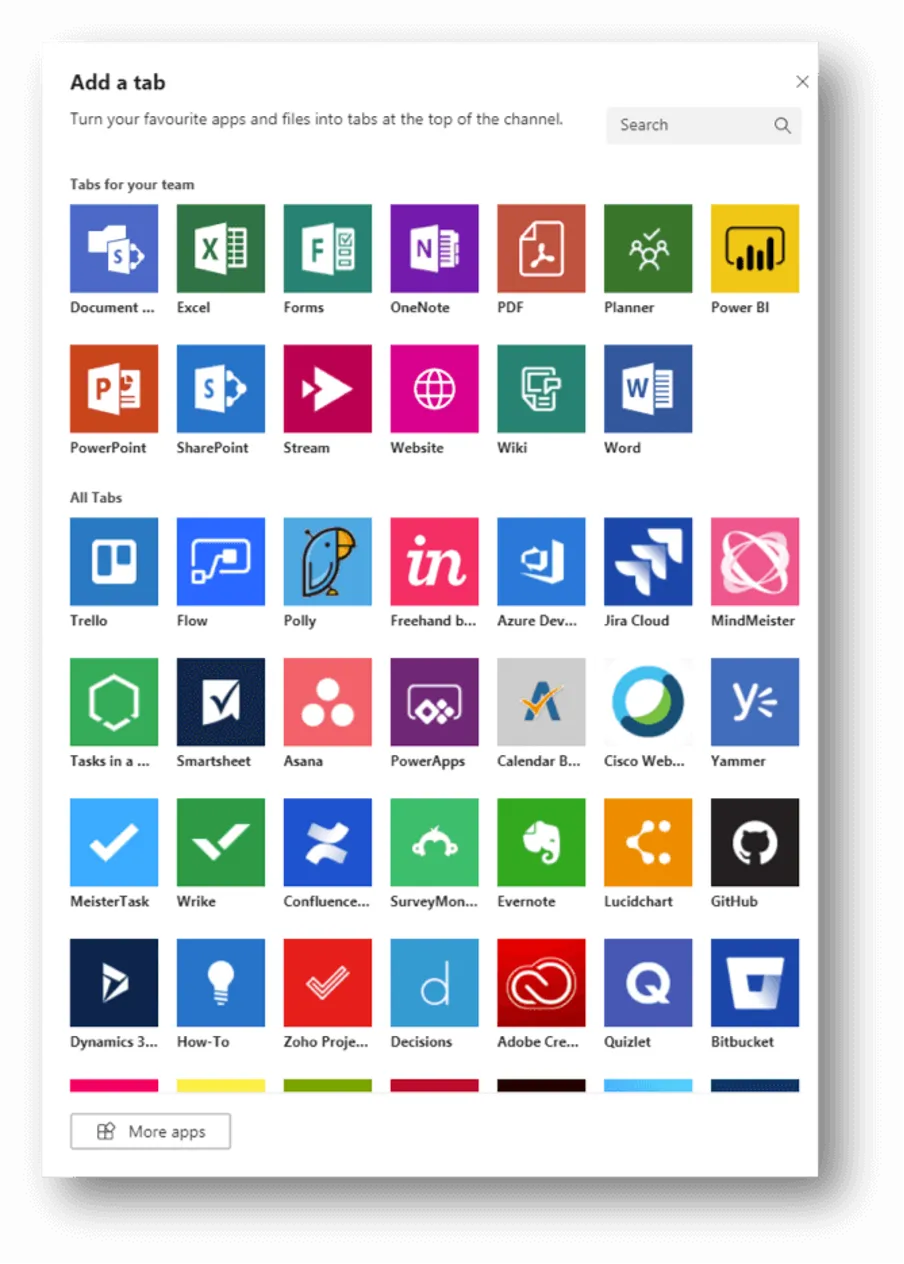 Her er en liste over de nye tabs, som kommer frem i Teams.