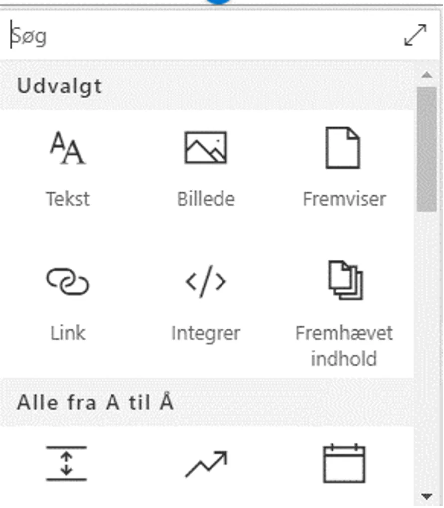 Du kan tilføje forskellige webdele og du kan søge efter dem du gerne vil bruge.