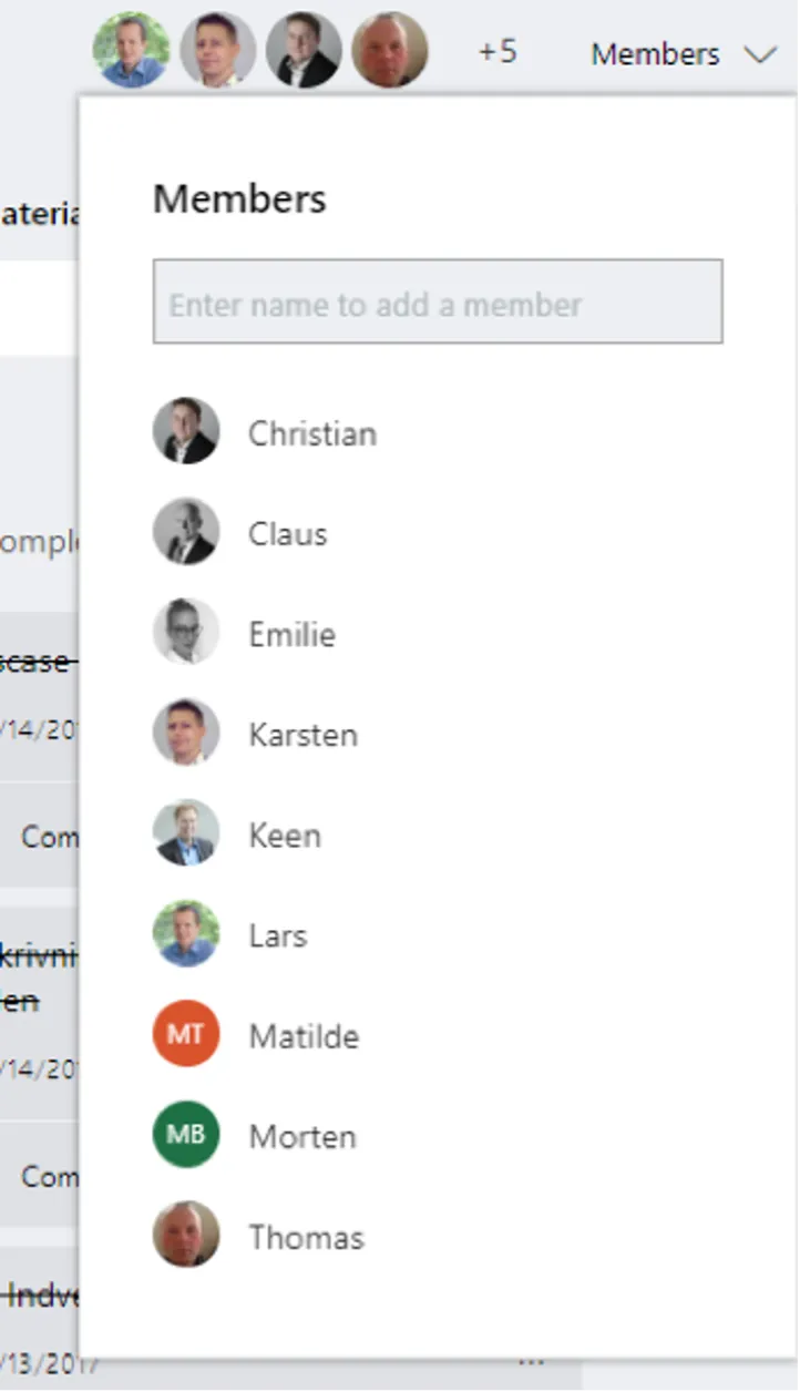 Dropdown menu med medlemmer på planen.