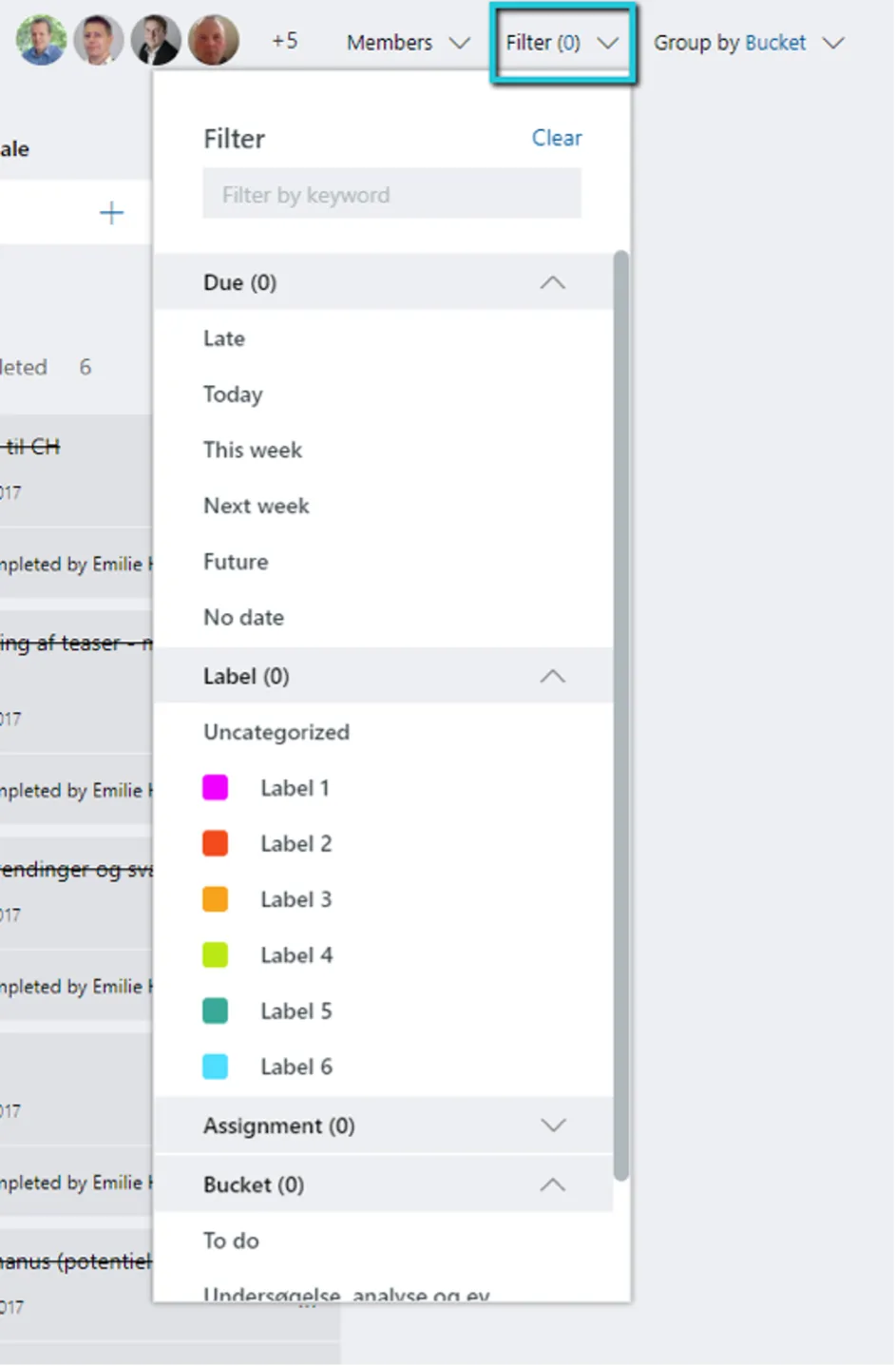 Dropdown menu med filter. 