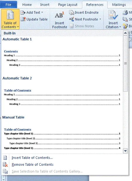 Table of contents viser et overblik over de præ-definerede indholdfortegnelser