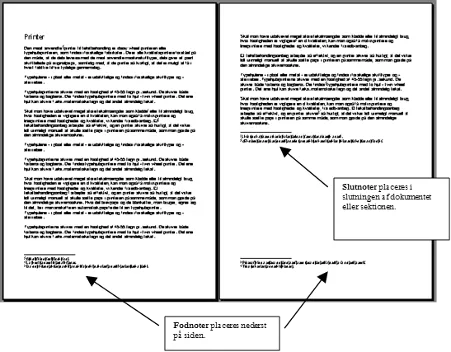 Illustration af to a4 sider der illustrere, placering af slut- og fodnoterne