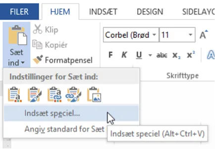 Vælg eventuelt indsæt speciel hvis du har specielle ønsker til hvordan det skal indsættes.