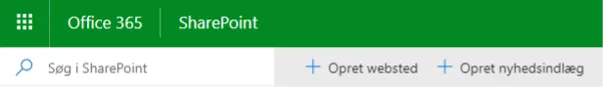 Den øverste menu i SharePoint hvor man kan klikke på opret websted.