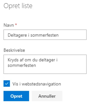 Dialogboks til at oprette en liste.