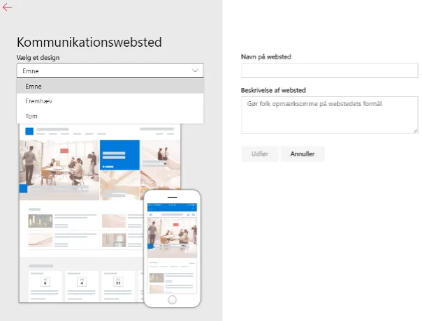 Vælg designet på dit kommunikationswebsted og beskriv og navngiv stedet.