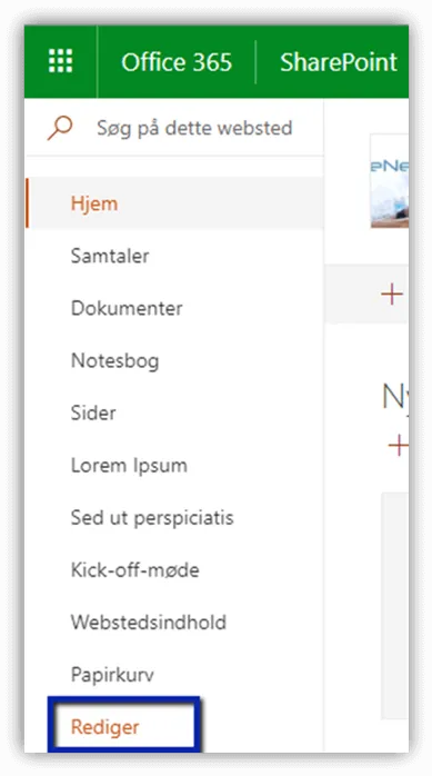 Menuen i SharePoint - tryk på rediger