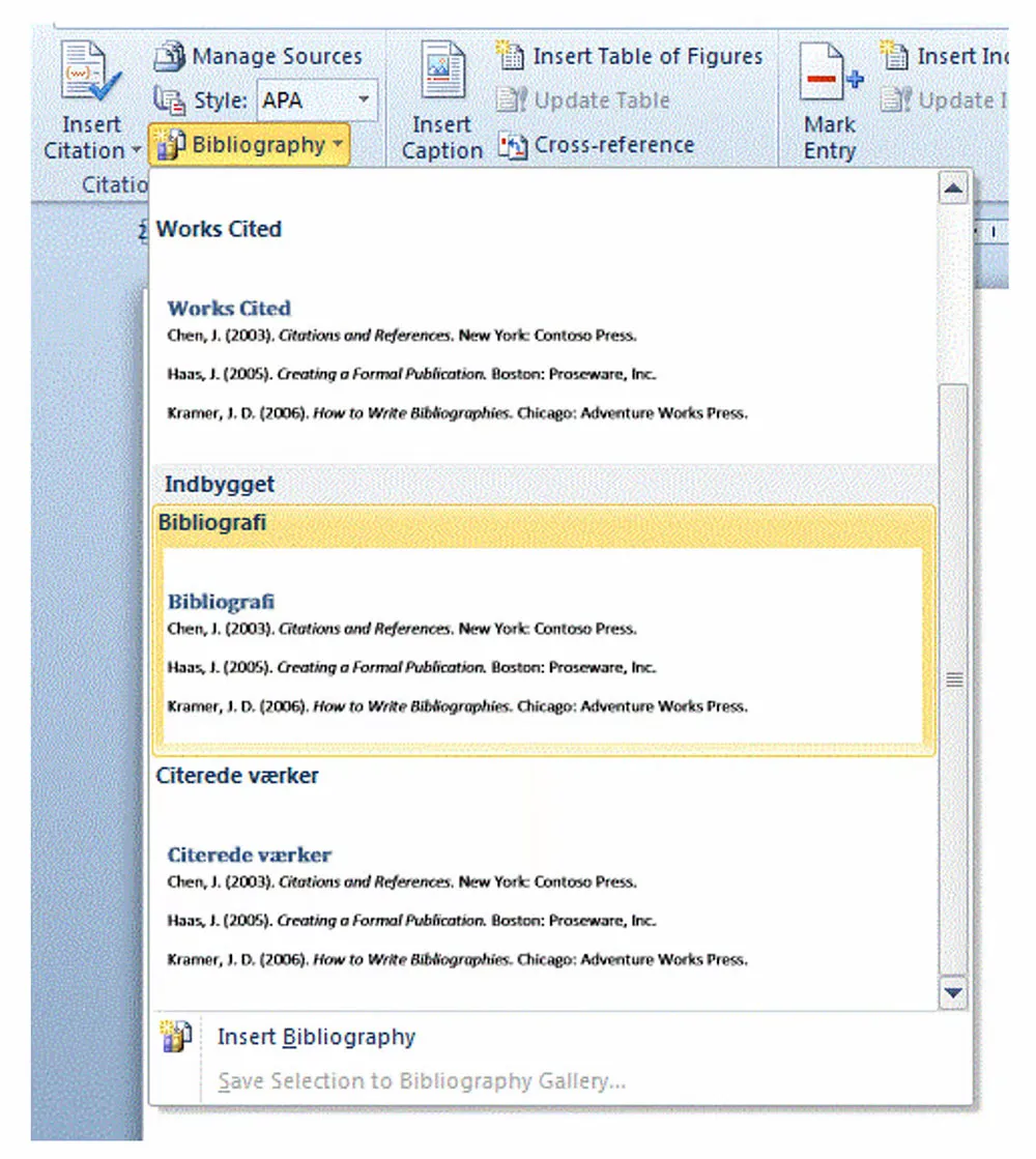 Overblik over bibliografien i skabeloner I word med forskellige eksempler på bibliografien.