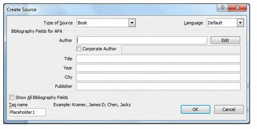 Boks hvori du kan skrive informationer på den kilde, du gerne vil have med i din bibliografi i word.
