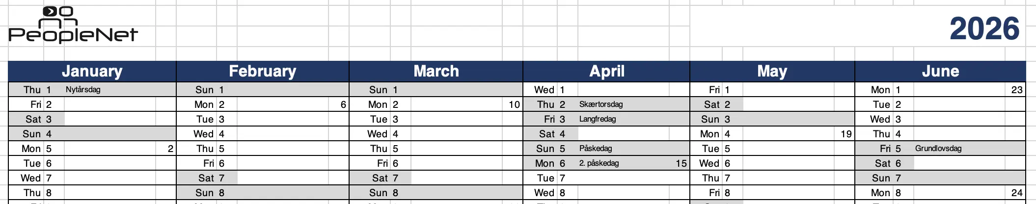 Excel kalender for 2026 